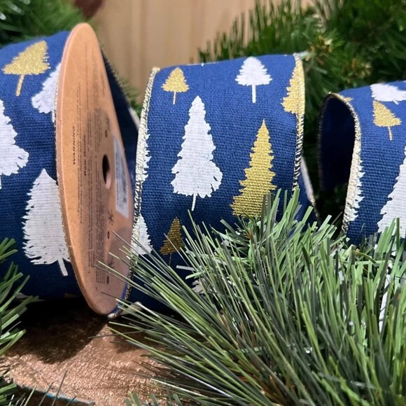 Navy Blue With Gold Stamping and White Printing Christmas Tree Design Ribbon - Picture 4 of 6